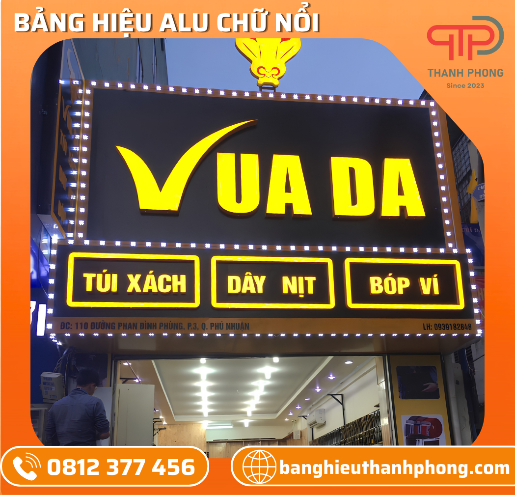 Bảng Hiệu Alu Chữ Nổi Mica Đèn LED Tiệm Đồ Da